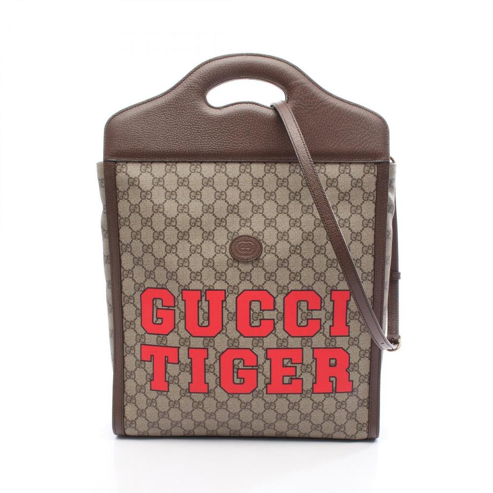 Gucci GG Supreme Tote Bag Canvas Leather Beige Brown